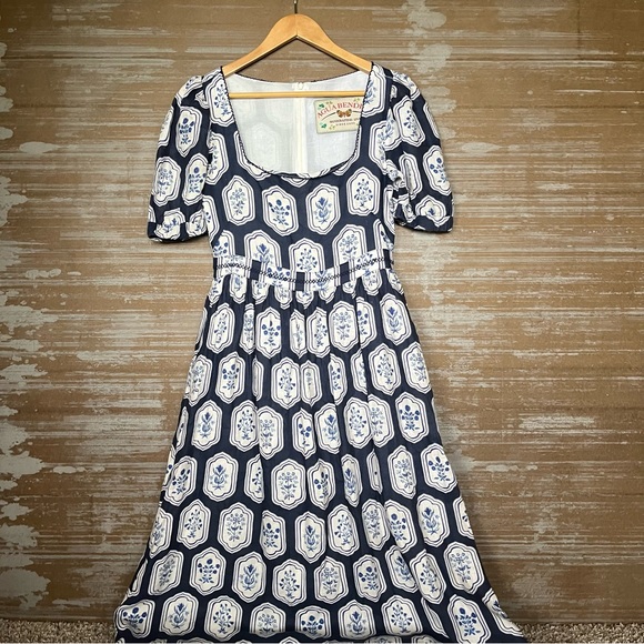 Agua Bendita Pomelo Riviera Dress 100% Linen Blue Floral Dress 6034 Womens M - Picture 2 of 7